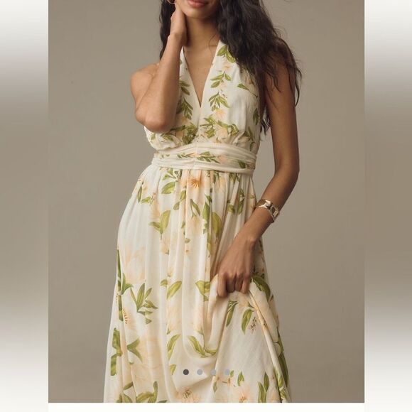 Farm Rio By Anthropologie V Neck Floral Chiffon Maxi Dress - Picture 2 of 4